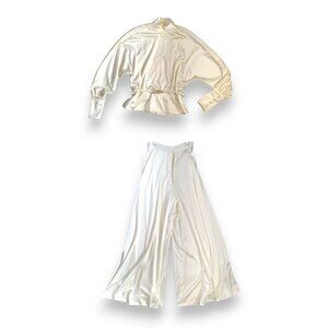 VTG SAKS WEDDING SUIT CREAMY PALAZZO HIGH WAIST GOLD BROOCH BELT LONG SLV 2